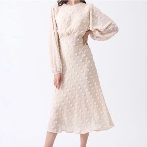ChicWish NWT Small Cream Boutique Midi Dress with Textured Dot Details